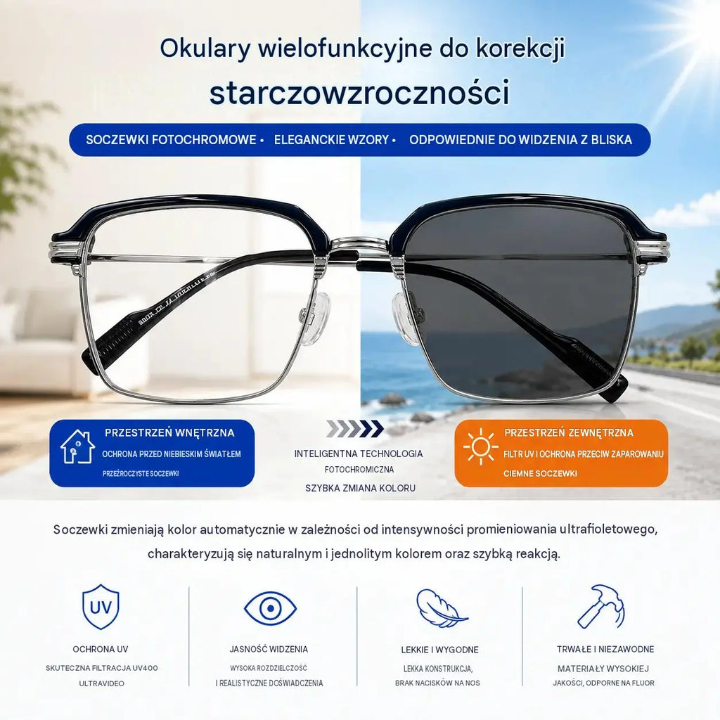 Okulary do czytania z filtrem fotochromowym blokującym niebieskie światło, okulary do czytania unisex, okulary przeciwsłoneczne z ochroną przeciwsłoneczną