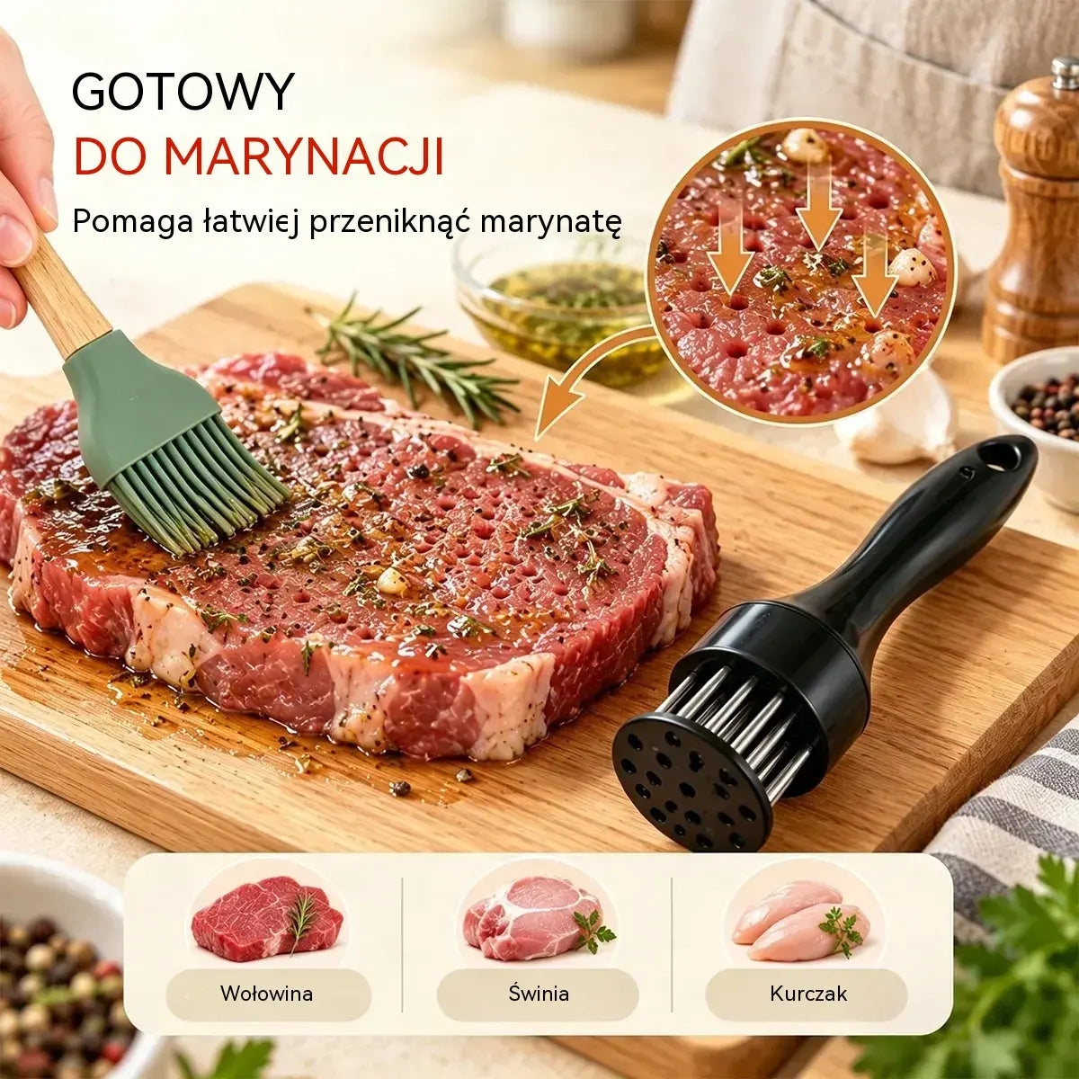 21-punktowa igła ze stali nierdzewnej do zmiękczania mięsa, przeznaczona do steków, grillowania i gotowania.