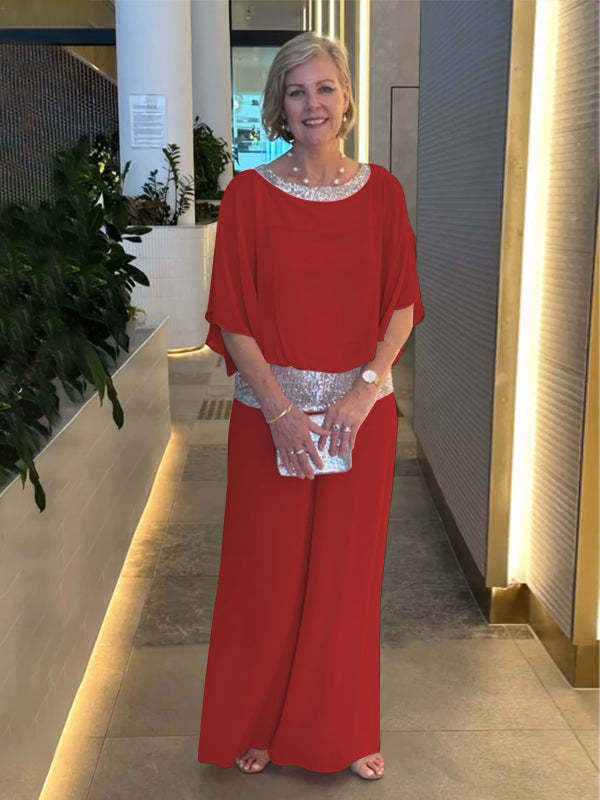 🥰45% OFF 💐【S-3XL】2026 Nowy zestaw spodni z szeroką nogawką z cekinami i okrągłym dekoltem