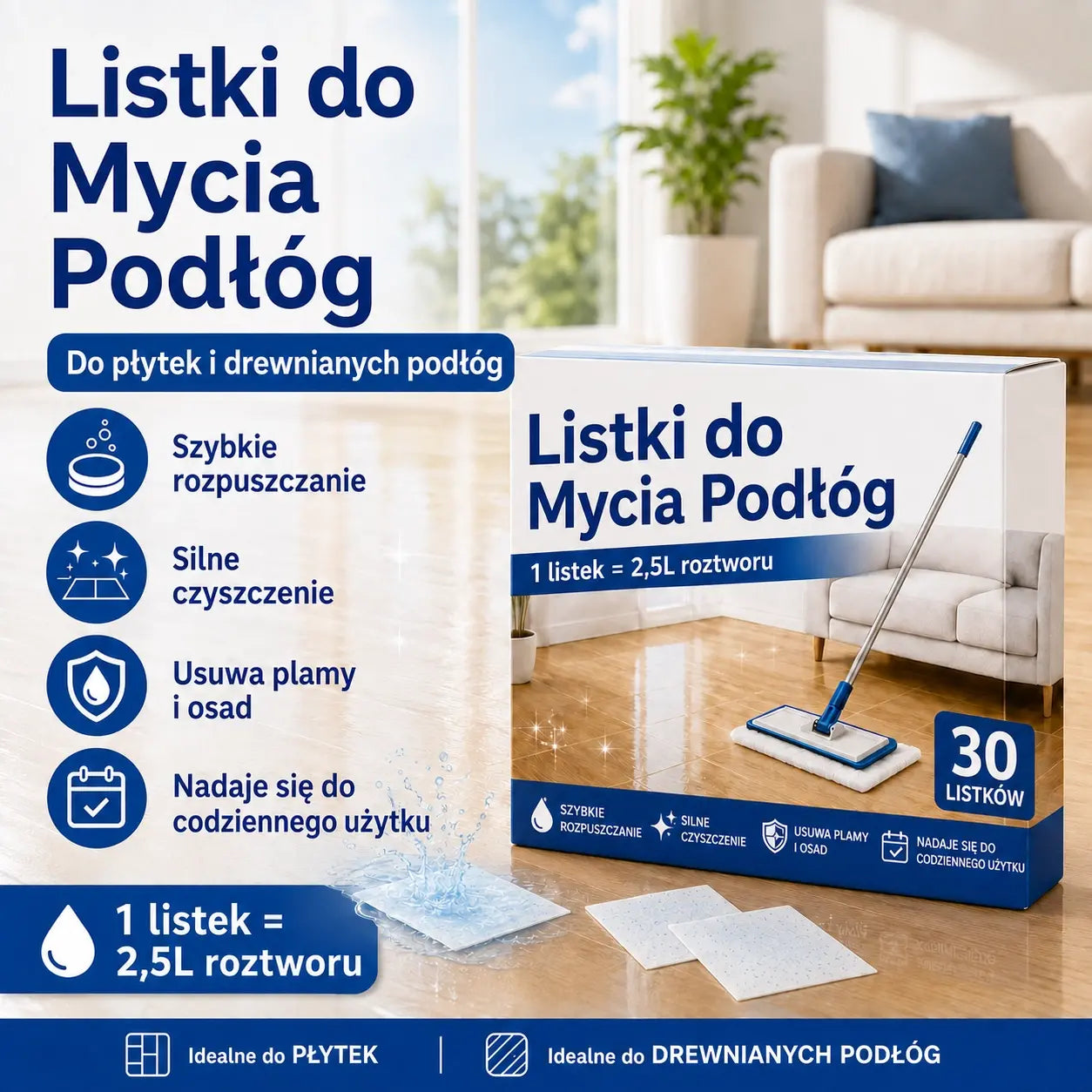 💦🏡【3 opakowania, łącznie 90 tabletek】Wodne rozpuszczalne chusteczki do czyszczenia podłóg