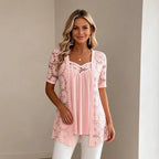 👚Elegancka bluzka 2 w 1 z koronką i siateczką – wysmuklający krój maskujący brzuch, 5 kolorów, rozmiary S–4XL