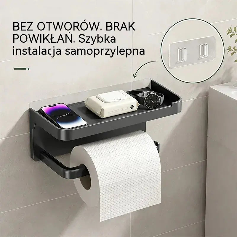 Uchwyt ścienny na papier toaletowy z akcesoriami, solidna podstawa, nowoczesna półka łazienkowa, łatwy w montażu, można w nim trzymać telefony komórkowe i inne przedmioty.