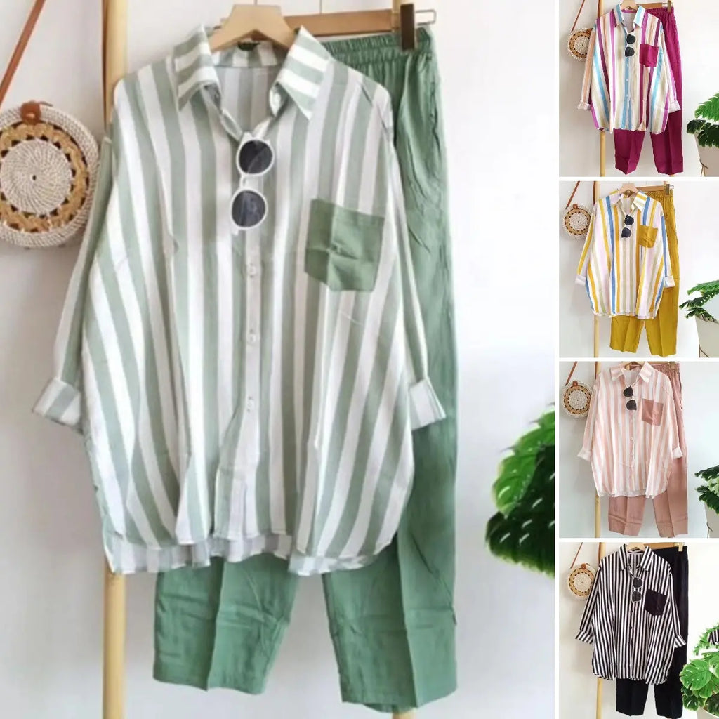🔥Oferta ograniczona czasowo🔥【Top + spodnie】(40-120 kg) Luźny, swobodny, pasiasty, oddychający komplet ✅Płatność przy odbiorze