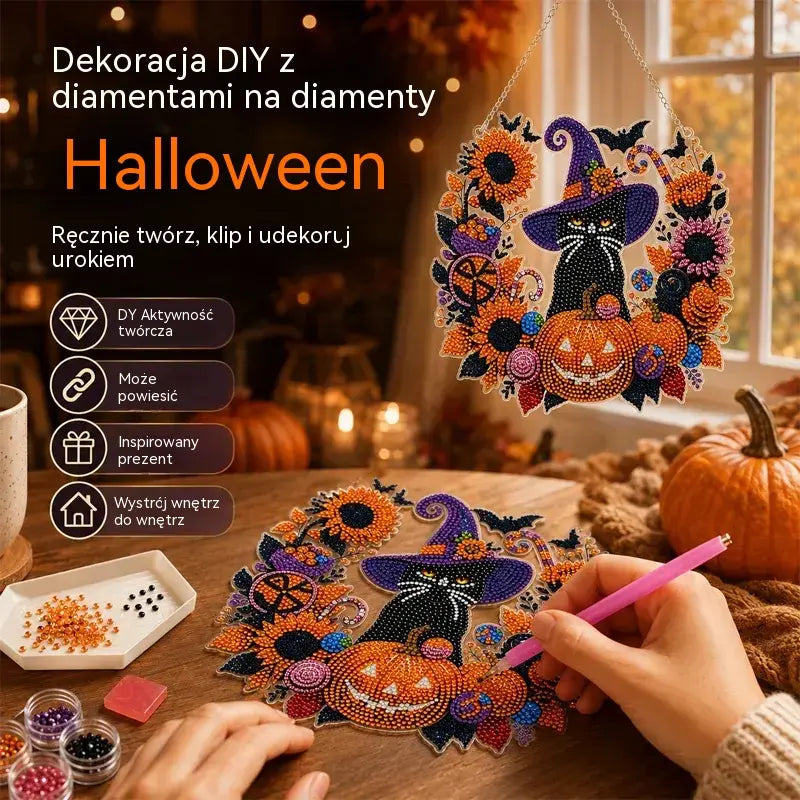 Dekoracja okienna na Halloween DIY, malowanie diamentowe, 4 radosne wzory, rozmiar 25×25 cm