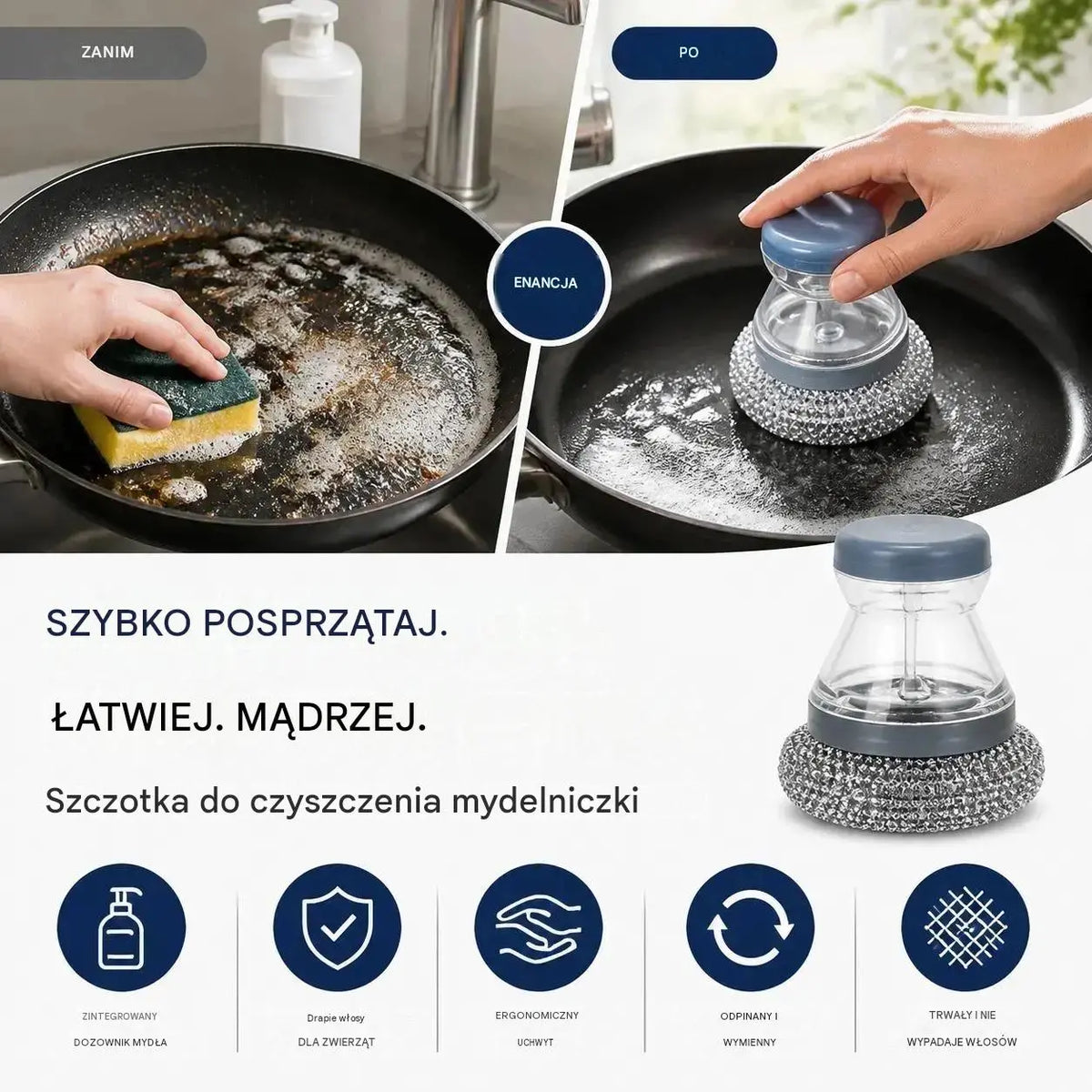 🧽 Szczotka do szorowania z dozownikiem, OFERTA LIMITOWANA! 💪 Idealna do garnków, patelni i naczyń. Szybkie i łatwe czyszczenie bez wysiłku! 🍳