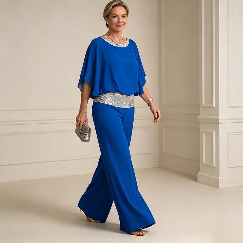 🥰45% OFF 💐【S-3XL】2026 Nowy zestaw spodni z szeroką nogawką z cekinami i okrągłym dekoltem